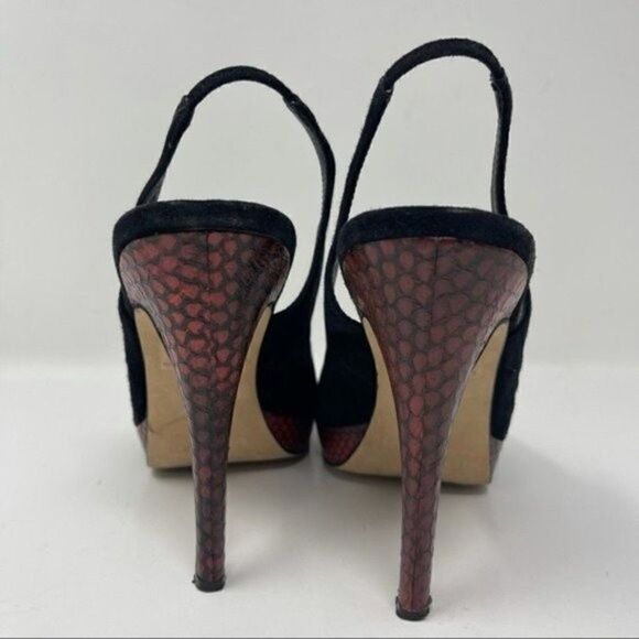 Bebe platform sling back heels black suede red snake skin stiletto 9B BoxD - Picture 5 of 9